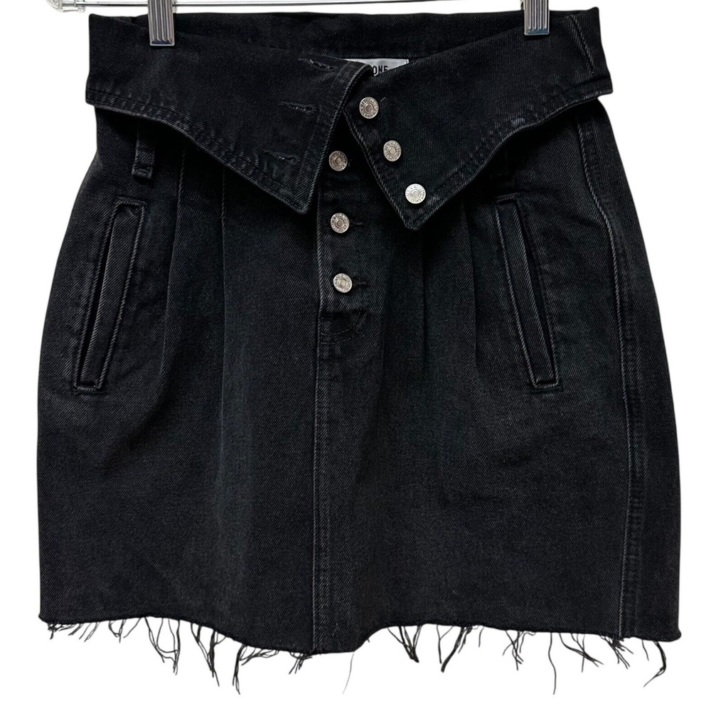 RE/DONE Fold Over Waist Denim Mini Skirt Noir Black Raw Hem Size 24